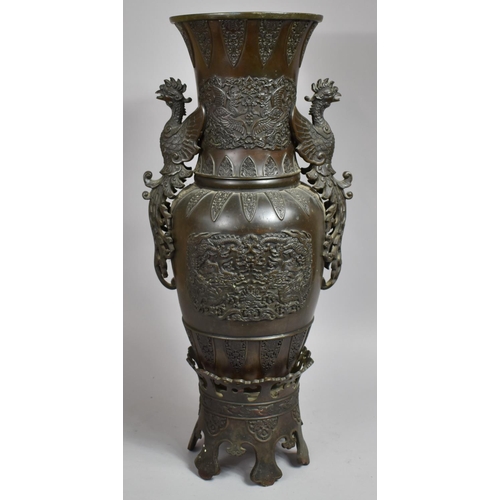 256 - A Large and Heavy Chinese Bronze Vase on Stand having Two Cockerel Head Handles and Relief Cartouche... 