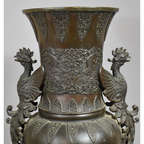 256 - A Large and Heavy Chinese Bronze Vase on Stand having Two Cockerel Head Handles and Relief Cartouche... 