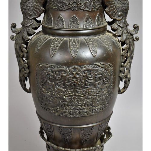 256 - A Large and Heavy Chinese Bronze Vase on Stand having Two Cockerel Head Handles and Relief Cartouche... 