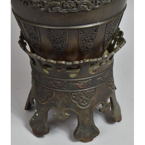 256 - A Large and Heavy Chinese Bronze Vase on Stand having Two Cockerel Head Handles and Relief Cartouche... 