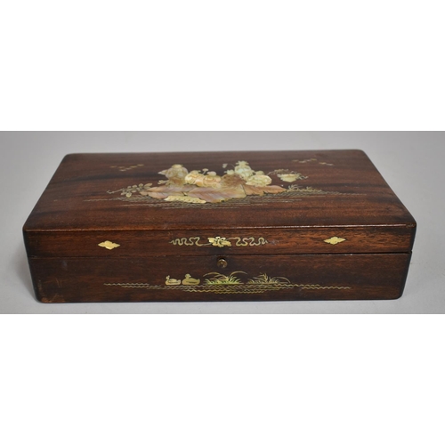 250 - A Chinese Mother of Pearl Inlaid Rosewood Box with Figures on Feather, Ducks and Birds, Push Button ... 