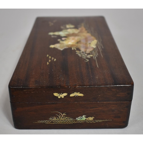 250 - A Chinese Mother of Pearl Inlaid Rosewood Box with Figures on Feather, Ducks and Birds, Push Button ... 