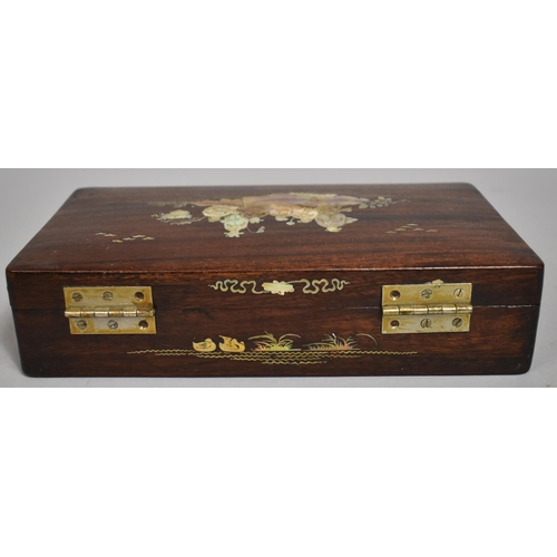 250 - A Chinese Mother of Pearl Inlaid Rosewood Box with Figures on Feather, Ducks and Birds, Push Button ... 