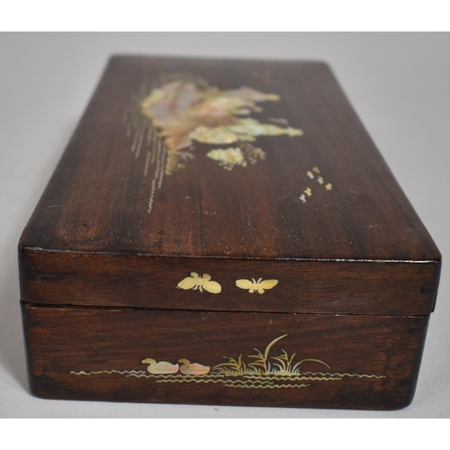 250 - A Chinese Mother of Pearl Inlaid Rosewood Box with Figures on Feather, Ducks and Birds, Push Button ... 