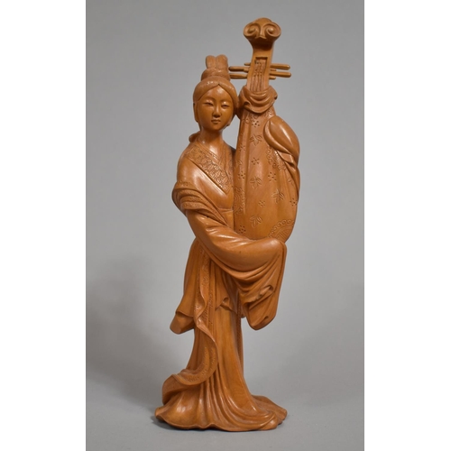 247 - A Carved Chinese Wooden Figure of Maiden Holding Pipa Lute in Shawl together with a Carved Wooden Fi... 