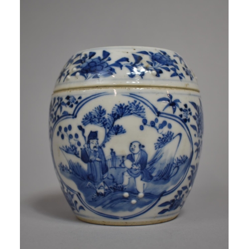 292 - An 18th/19th Century Oriental Blue and White Scribes Pot and Cover of Barrel Form decorated with Sch... 