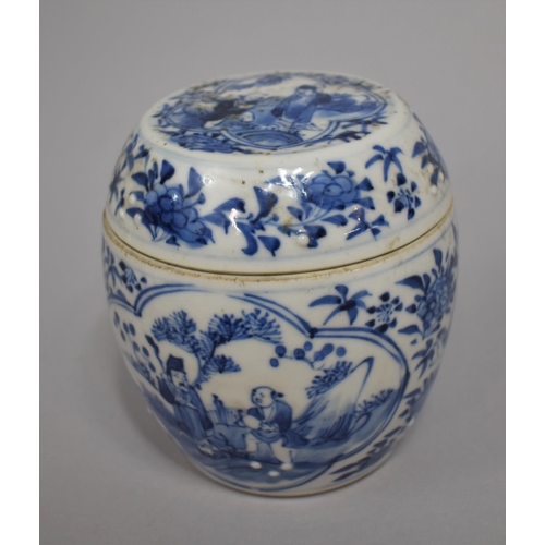 292 - An 18th/19th Century Oriental Blue and White Scribes Pot and Cover of Barrel Form decorated with Sch... 