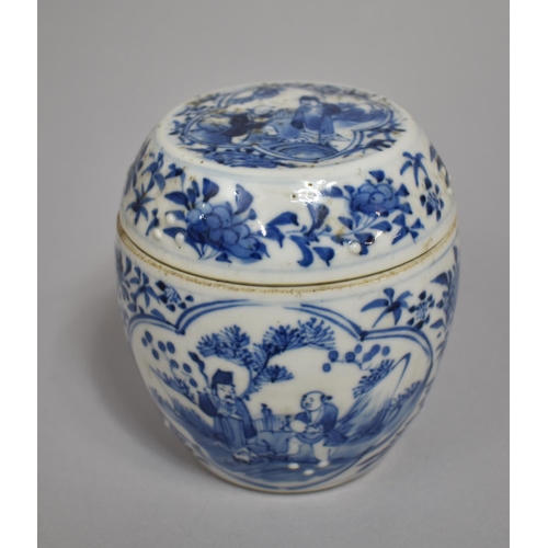 292 - An 18th/19th Century Oriental Blue and White Scribes Pot and Cover of Barrel Form decorated with Sch... 