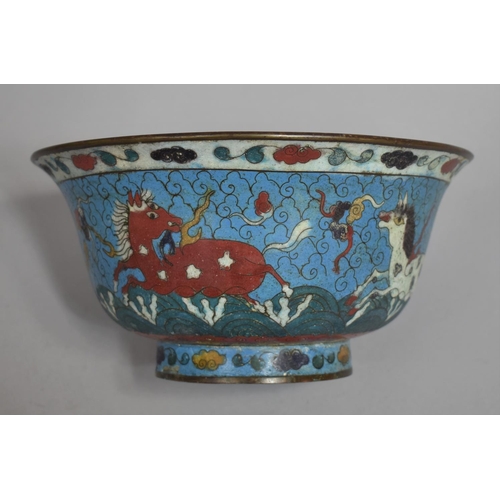 273 - A Cloisonne Bowl Decorated with Galloping Horse and Scrolls on Blue Ground, Bronze Plaque to Base wi... 