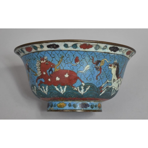 273 - A Cloisonne Bowl Decorated with Galloping Horse and Scrolls on Blue Ground, Bronze Plaque to Base wi... 