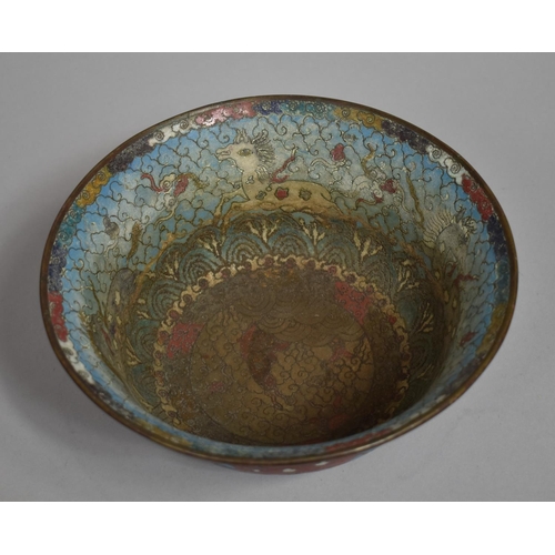 273 - A Cloisonne Bowl Decorated with Galloping Horse and Scrolls on Blue Ground, Bronze Plaque to Base wi... 