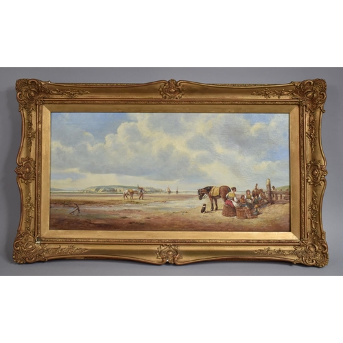 214 - An Early 20th Century Oil on Canvas in Gilt Frame. Fishing Families on Beach at Low Tide. Signed M P... 