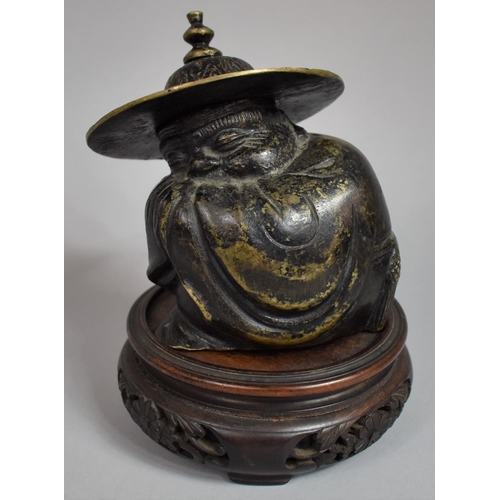 265 - A Chinese Bronze Study of Sleeping Immortal in Cloak Wearing Wide Brimmed Hat with Engraved Design a... 