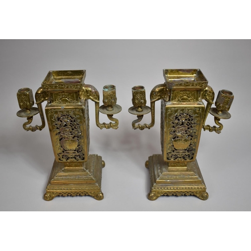 255 - A Pair of Early 20th Century Japanese Gilt Metal Two Branch Candelabras of Square Sectional Form wit... 