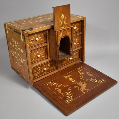 9 - An Early 19th Century Continental Marquetry Table Top Cabinet of Curiosities Inlaid with Birds, Lion... 