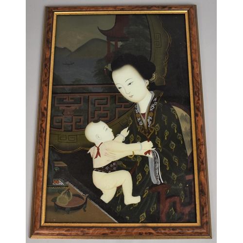 223 - A Chinese Reverse Painted on Glass Study of Mother and Child. 50x32cms