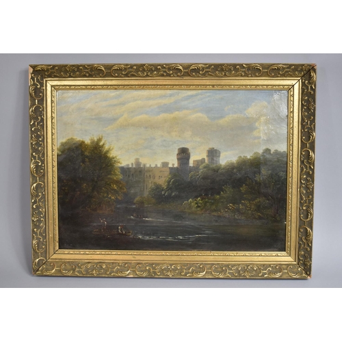 219 - A Gilt Framed 19th Century Oil on Canvas, Warwick Castle, Inscribed Verso T.Baker. 48x34cms