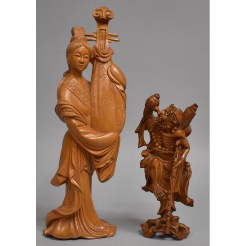 247 - A Carved Chinese Wooden Figure of Maiden Holding Pipa Lute in Shawl together with a Carved Wooden Fi... 