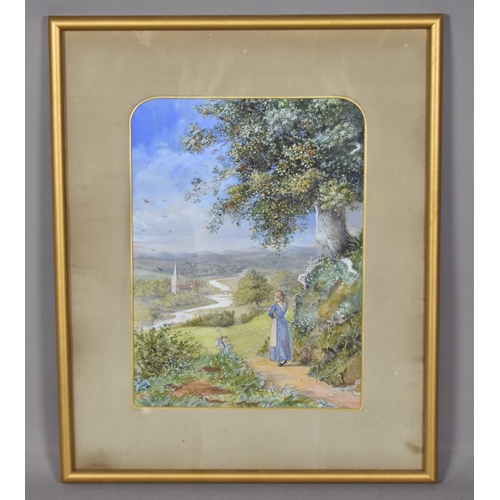 213 - A Framed Allegorical Watercolour depicting Young Man Greeting Girl on Country Lane with Church and R... 