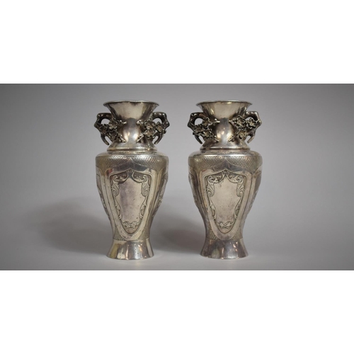 284 - A Pair of Chinese Silver Vases Decorated with Panels Depicting Goldfish, Vegetables, Peach Tree etc,... 