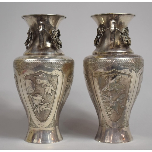 284 - A Pair of Chinese Silver Vases Decorated with Panels Depicting Goldfish, Vegetables, Peach Tree etc,... 