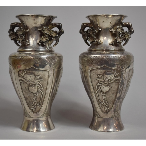 284 - A Pair of Chinese Silver Vases Decorated with Panels Depicting Goldfish, Vegetables, Peach Tree etc,... 