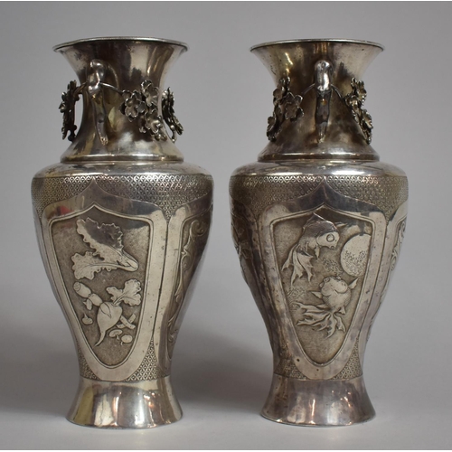 284 - A Pair of Chinese Silver Vases Decorated with Panels Depicting Goldfish, Vegetables, Peach Tree etc,... 