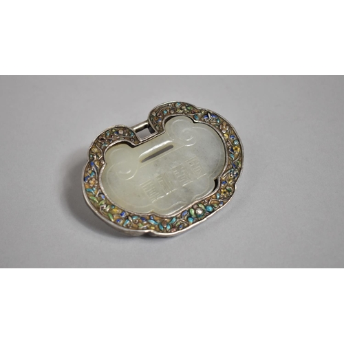 285 - A Chinese White Jade, Silver and Champleve Enamel Pendant Item with Carved Floral Design and Charact... 