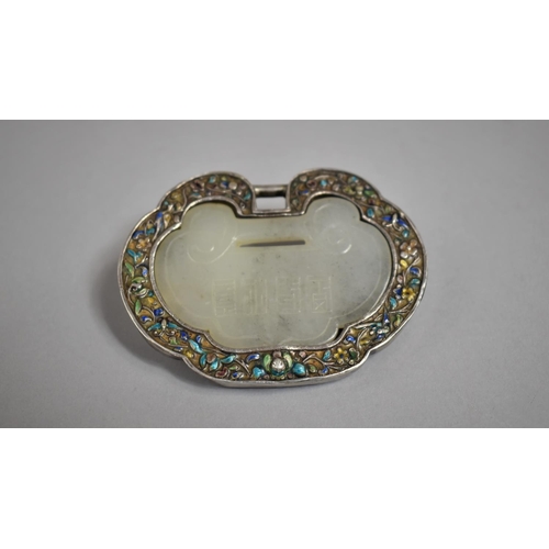 285 - A Chinese White Jade, Silver and Champleve Enamel Pendant Item with Carved Floral Design and Charact... 