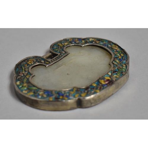 285 - A Chinese White Jade, Silver and Champleve Enamel Pendant Item with Carved Floral Design and Charact... 