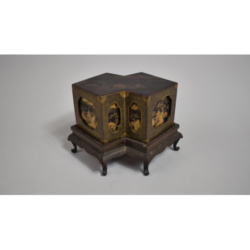 290 - A Good Quality Japanese Lacquered Double Lozenge Box on Stand with Cover, Decorated in Gilt with Pav... 