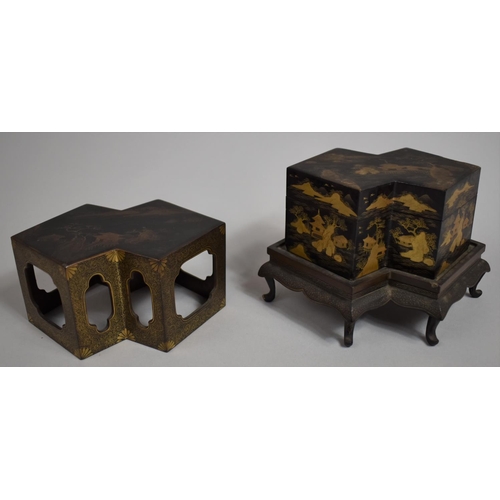 290 - A Good Quality Japanese Lacquered Double Lozenge Box on Stand with Cover, Decorated in Gilt with Pav... 