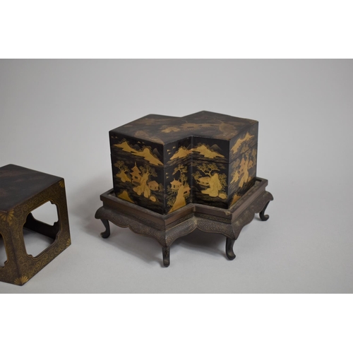 290 - A Good Quality Japanese Lacquered Double Lozenge Box on Stand with Cover, Decorated in Gilt with Pav... 