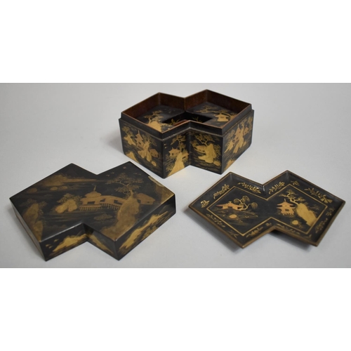 290 - A Good Quality Japanese Lacquered Double Lozenge Box on Stand with Cover, Decorated in Gilt with Pav... 