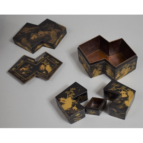 290 - A Good Quality Japanese Lacquered Double Lozenge Box on Stand with Cover, Decorated in Gilt with Pav... 