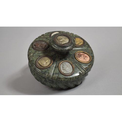 81 - A 19th Century Grand Tour Carved Marble Desktop Inkwell of Circular Form with Cameo Cartouches, the ... 