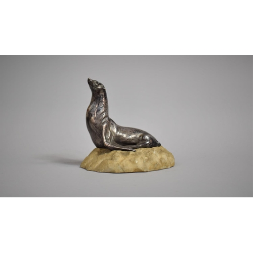 84 - An Early 20th Century French Silvered Bronze Study of Seal Upon Naturalistic Carved Marble Base, Aft... 