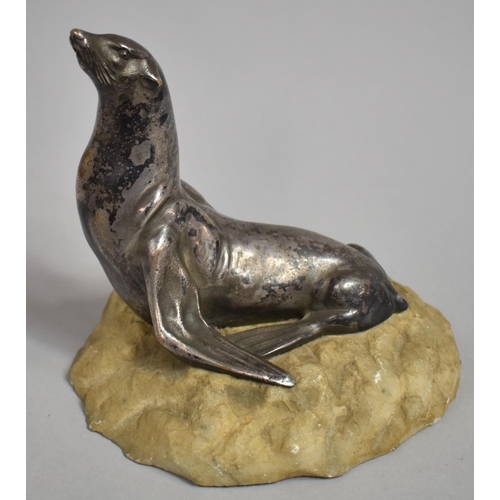 84 - An Early 20th Century French Silvered Bronze Study of Seal Upon Naturalistic Carved Marble Base, Aft... 