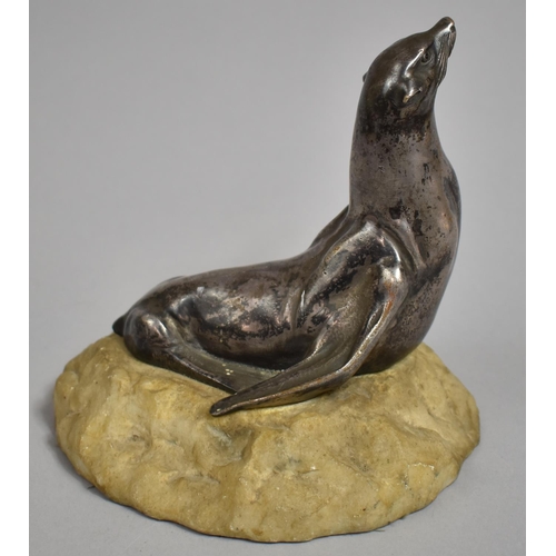 84 - An Early 20th Century French Silvered Bronze Study of Seal Upon Naturalistic Carved Marble Base, Aft... 