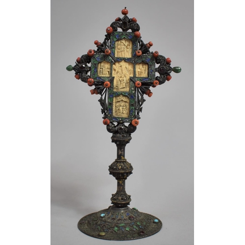 88 - An 18th Century Greek Orthodox Jewelled and Enamelled White Metal, Probably Silver, Crucifix with Ca... 