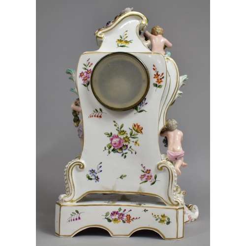 441 - A Meissen Porcelain Mantle Clock decorated with Applied Bocage Flower and Cherubs Raised on Scrolled... 