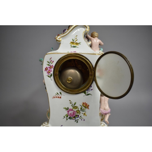 441 - A Meissen Porcelain Mantle Clock decorated with Applied Bocage Flower and Cherubs Raised on Scrolled... 