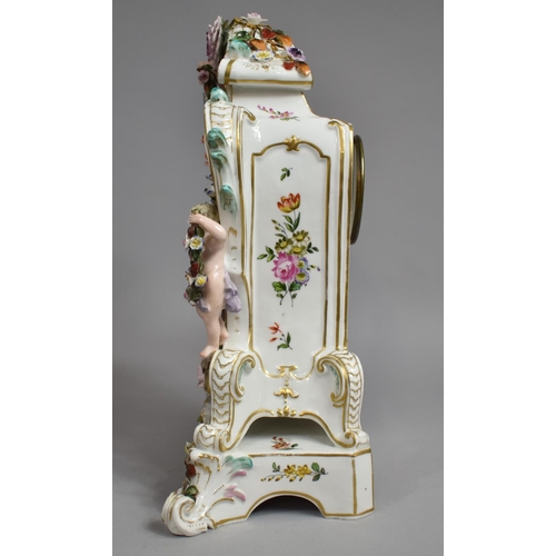 441 - A Meissen Porcelain Mantle Clock decorated with Applied Bocage Flower and Cherubs Raised on Scrolled... 