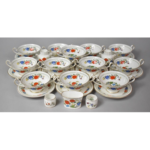 446 - A Collection of Twelve Aynsley Famille Rose Pattern Two Handled Soup Bowls and Eleven Saucers, Two N... 