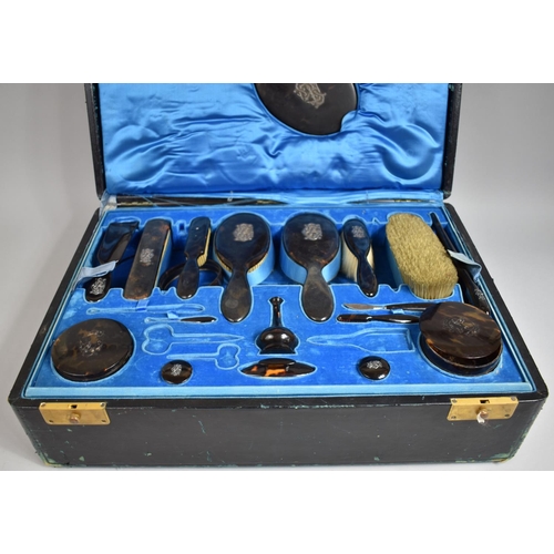 91 - A Colonial Export Travel Case having Removable Tray with Silver Mounted Tortoiseshell Vanity Items t... 