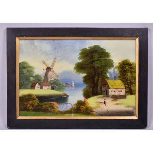 235 - A 19th Century Reverse Glass Painting of a Landscape Featuring a Lakeside Windmill in an Ebonised Oa... 