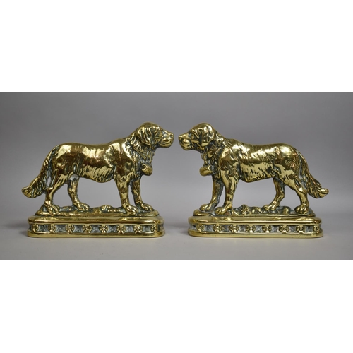 28 - A Pair of Late Victorian Brass Fireside Ornaments in the Form of St. Bernard Dogs, 24cm Wide