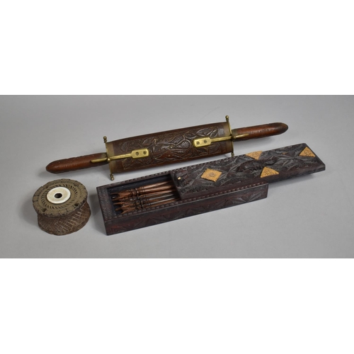 48 - Three Carved Items to Include Circular Inkwell, Carving Set and Box Containing Carved Wooden Skewers