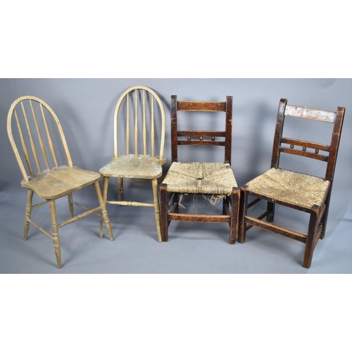 542 - A Pair of 19th Century Rush Seated Ladder Back Chairs Together with a Pair of Hoop Back Side Chairs