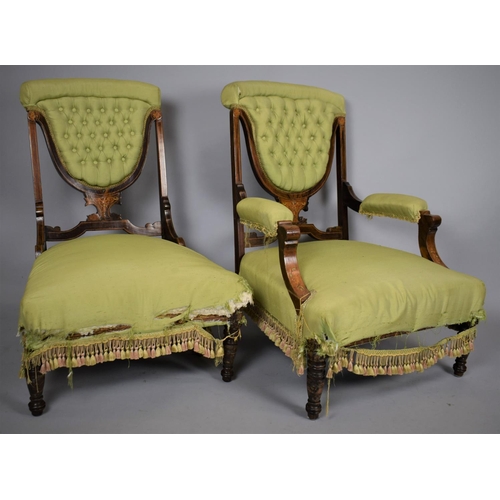 547 - A Pair of Ladies and Gents Edwardian Inlaid Mahogany Framed Salon Chairs for Re-Upholstery